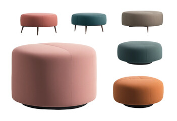 Collection set of colourful square and round soft ottoman stools isolated on transparent background