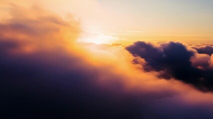 Wall Mural - a tranquil journey through a sea of cotton candy clouds lit up by the last rays of the sun.