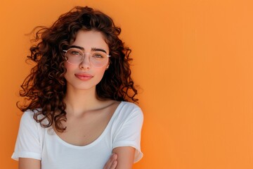 Wall Mural - Curly-Haired Woman with Glasses Against an Orange Background 1