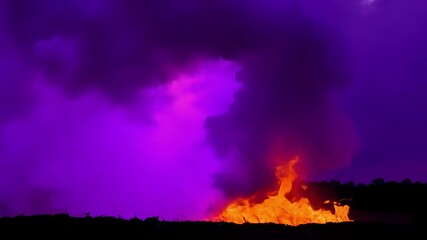 Wall Mural - as the fire rages on the smoke takes on a deep purple hue creating a surreal and unsettling sight.