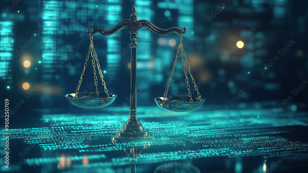 Law scales symbolizing justice with digital data center background and ...