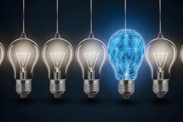 Light bulbs, dark background, one illuminated blue design, representing connectivity