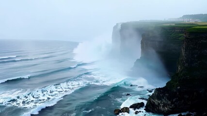 Sticker - The ocean crashes against a fogcovered cliffside the white waves mixing with the thick mist and creating a dramatic contrast.