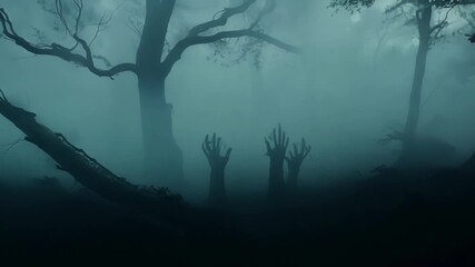 Wall Mural - under the cover of the fog twisted shapes seem to materialize from the darkness their glowing eyes a