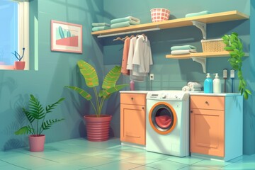 Poster - A colorful illustration of a laundry room featuring a washer and dryer