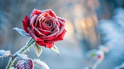 Poster - Crimson Frost: A Single Red Rose Frozen in Time  AI Generated