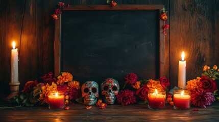 Wall Mural - day of the dead empty blackboard with sugar sculls and candles