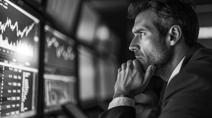 Stock broker looking at stock data on large screen monitors, he is contemplative, analysing and focusing. wall street and stock market concept