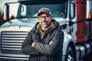 A cheerful trucker man in glasses has a snow-white smile on a colored background