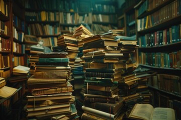 Poster - Books stacked on wood, study or reading area