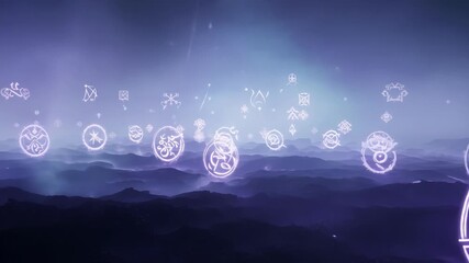 Wall Mural - a vast ethereal landscape filled with an everchanging display of glowing symbols each one representi