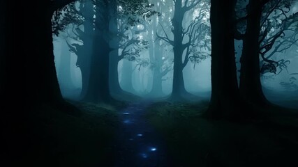 Wall Mural - a journey through a dark and mystical forest the only guiding light coming from the glowing glyphs t