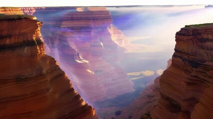 Wall Mural - a journey through an ethereal canyon where ribbons of rainbow mist dance and weave between the rock 