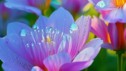 Wall Mural - closeups of delicate flowers glistening with dewdrops that reflect the fluorescent hues of the omnip