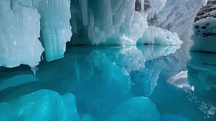 Wall Mural - The air grows colder as you descend deeper into the cave surrounded by glittering ice formations and a brilliant icy lake.