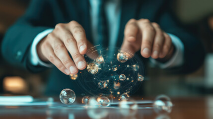 Businessmans hands moving magical digital cyber Ai globe of communication data graph analysis information in digital connecting dot map
