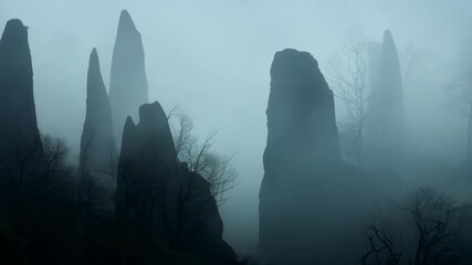 Wall Mural - the silhouettes of trees and rocks loom through the dense mist like ghostly apparitions adding to th