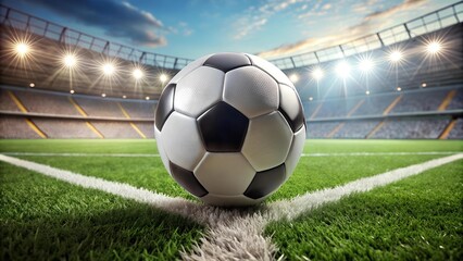 Poster - The Geometry of the Game: A Close-Up of a Soccer Ball on a Field with Geometric Lines  Generative AI