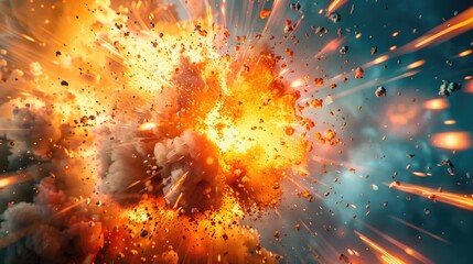 Poster - A massive explosion of orange and yellow rocks in a desert landscape, with debris scattered everywhere