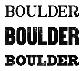 Boulder city name written in distressed vintage serif, sans serif and slab serif styles isolated on transparent background