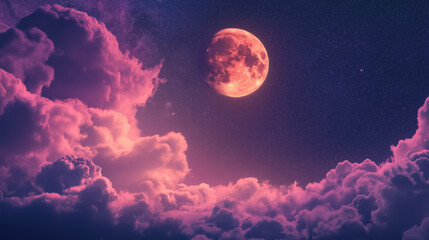 Wall Mural - shining moon in mauve pastel pink orange clouds sky at night