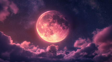 Wall Mural - shining moon in mauve pastel pink orange clouds sky at night
