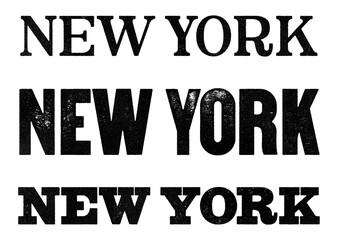 New York state name written in distressed vintage serif, sans serif and slab serif styles isolated on transparent background