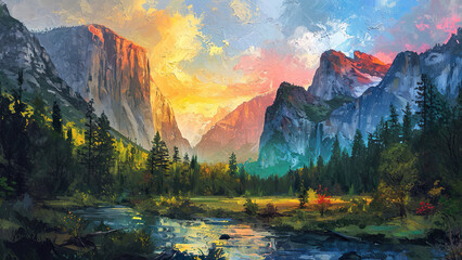 Wall Mural - Yosemite - mountain, landscape, painting, sunset, river, forest, nature, sky, scenic, valley, art, colorful, vibrant, clouds, trees, outdoors, mountainscape