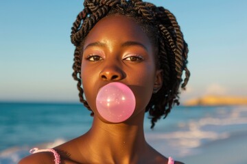 Poster - A person on the beach creating a soap bubble