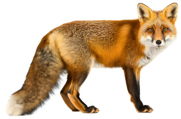 Wall Mural - side view portrait of full body length red orange fox animal isolated on transparent background, loo