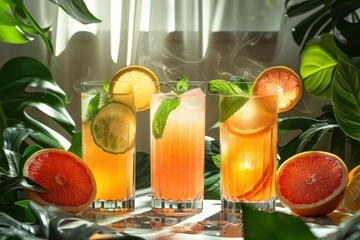 Wall Mural - Three different glasses of tropical drinks, such as lemonade and grapefruit juice.