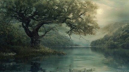 Poster - A serene scene with a tree standing tall beside a peaceful lake