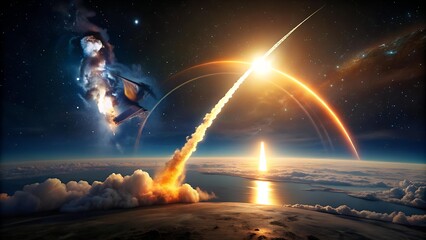 Wall Mural - Cosmic Symphony: A Rocket's Trail of Light Against the Darkness  generative AI