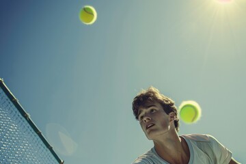 A young male tennis player holds a racket on a tennis court, ready to play