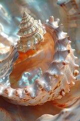 Poster - Close-up of a large sea shell with a smaller one sitting on top, perfect for use in beach or ocean-themed designs