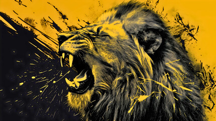 abstract black and yellow illustration of roaring lion. safari africa wildlife wild cat animal king,