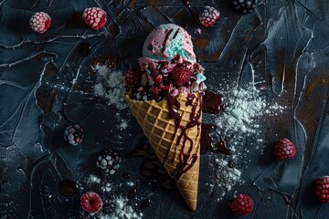 Poster - A colorful ice cream cone topped with fresh raspberries and chocolate, perfect for a sweet treat or dessert photography
