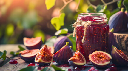 Wall Mural - Fig jam in a glass jar, surrounded by ripe fig fruits on wooden table. Copy space, sweet healthy homemade marmalade ingredient, organic delicious jelly dessert, fresh natural breakfast food, sugar