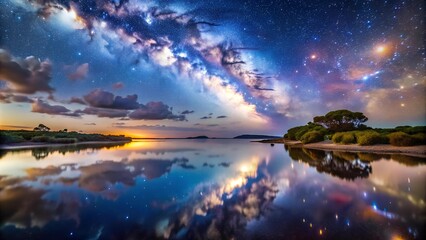 Wall Mural - Starry Night Embrace: The Milky Way's Gentle Touch on a Coastal Lagoon  Generative AI