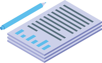 Poster - Isometric icon of business analytics with documents and pen representing financial report