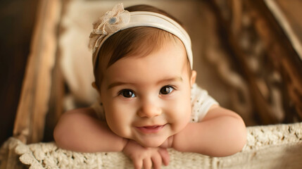 Wall Mural - Closeup of beautiful cute adorable little infant newborn baby girl smiling at camera, resting on edge of crib. Small young female toddler child or kid, room, morning