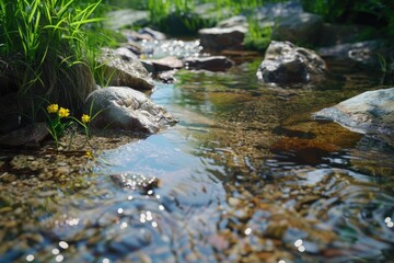Poster - A serene and natural scene of a stream flowing through a dense green forest