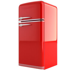 Red fridge or refrigerator isolated on transparent background. Modern home technology appliance to keep the food cold and fresh, electric cooler object, kitchen equipment, freeze temperature storage