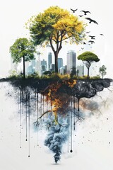 Poster - A tree stands tall with a city skyline visible in the background, great for use in illustrations or designs about nature and urban coexistence