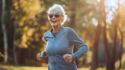 Happy smiling senior old woman wearing sunglasses, running or jogging in autumn fall forest nature park. Active healthy retirement lifestyle, outdoors workout, pensioner in 60s exercise, wellness