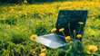 © Nemanja - Laptop notebook computer placed in nature field outdoors, conceptual image symbolizing work life balance, remote flexibility and productivity, digital detox and disconnection from technology