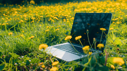 Laptop notebook computer placed in nature field outdoors, conceptual image symbolizing work life balance, remote flexibility and productivity, digital detox and disconnection from technology