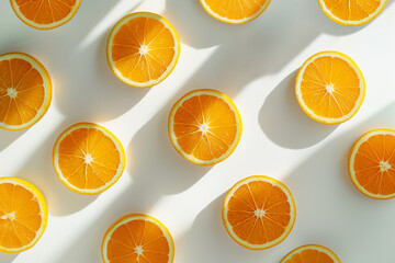 Top view of a composition of orange slices illuminated with natural light.