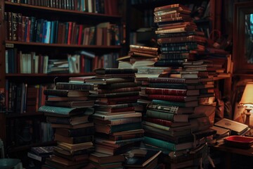 Poster - A stack of books placed on a wooden table, great for depicting studies or a quiet moment