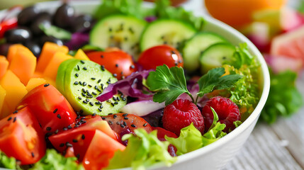 Closeup of fresh various fruits and vegetables salad mix in white bowl. Organic healthy diet nutrition meal, vegan or vegetarian green food, raw lunch with vitamins, ingredient, summer, dieting